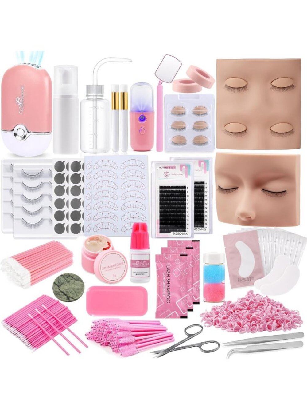 Comprehensive Eyelash Extension Kit for Beginners - 343 Pcs, Mannequin Heads